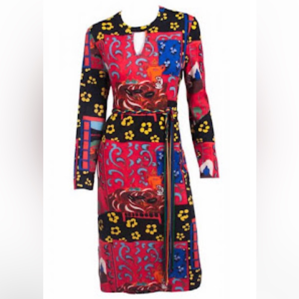 GOLDWORM RARE VINTAGE Sz 14 psychedelic print dress 100% wool made in Italy 70s